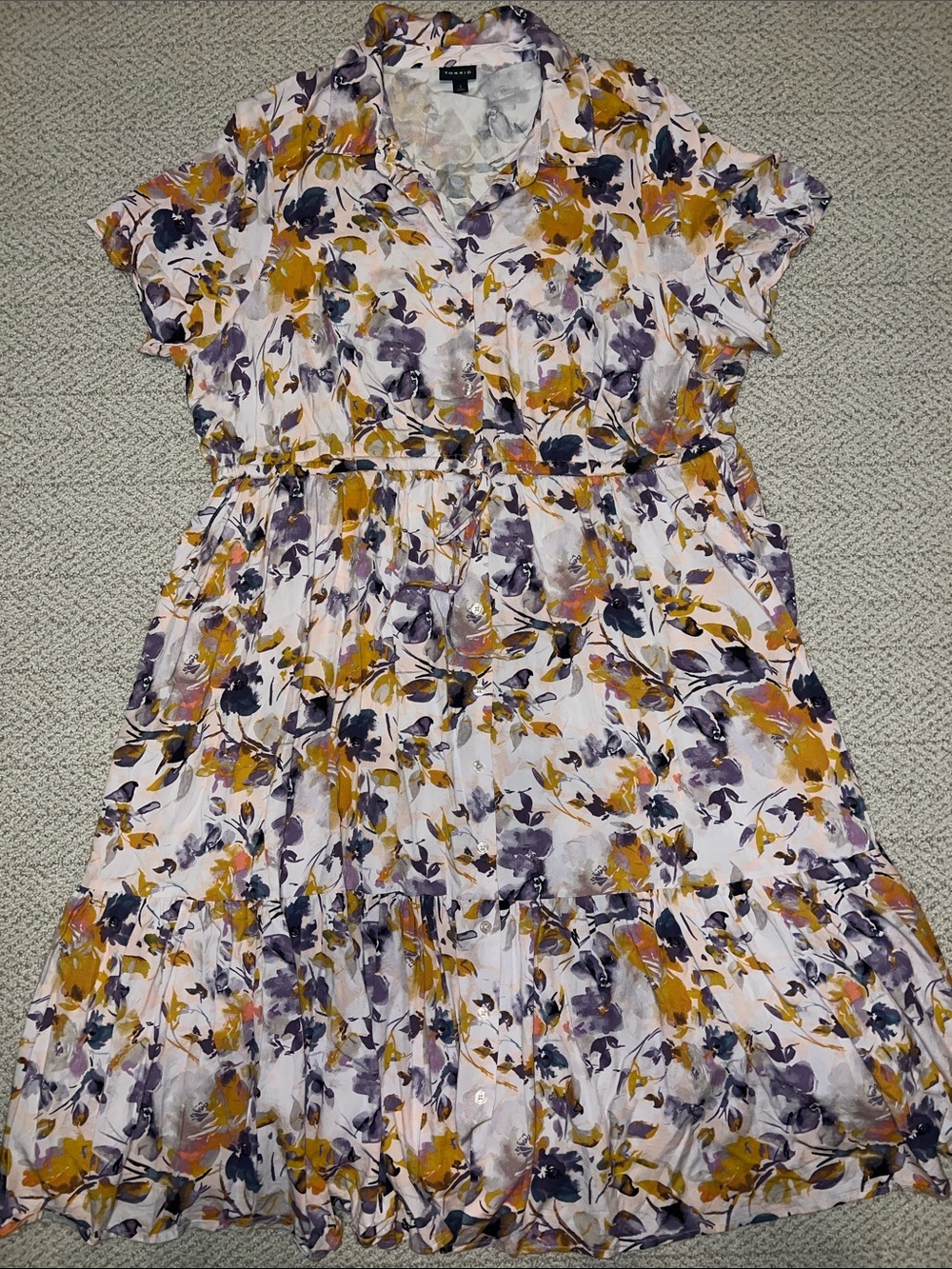 torrid Pink Floral Tiered Shirt Dress with Mustard and Purple Accents